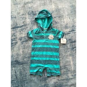 NWT! Carters Child of Mine Hooded Shark Teal Striped Short Sleeve Romper 18M